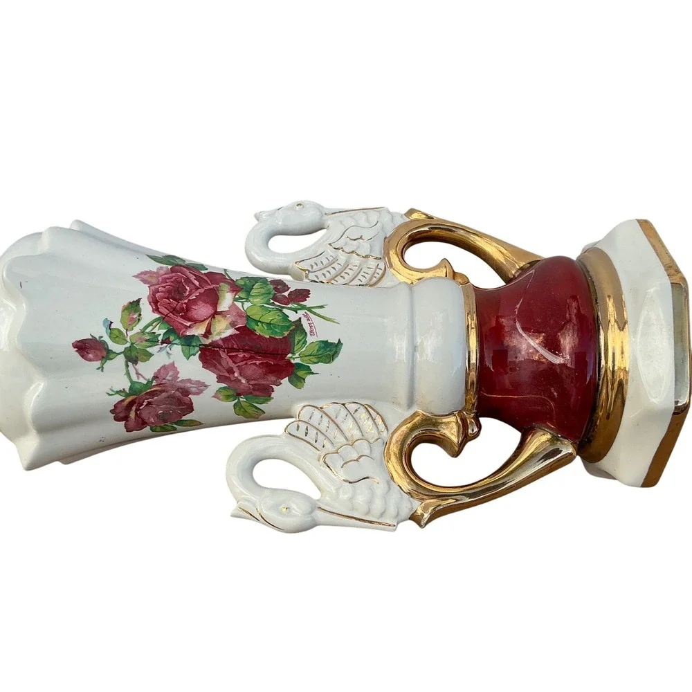 Vintage Swan Handle Ceramic‎ Lamp Floral Rose Design Gold Trim Burgundy White
